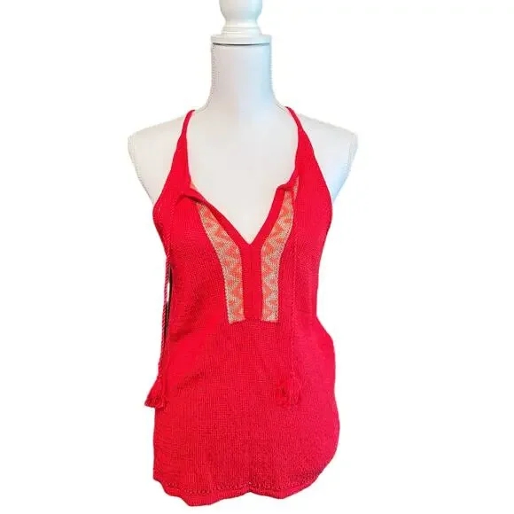 Lucky Brand Red Knit Crochet Racerback Tank Boho Tassel Aztec Print Size M - Picture 2 of 7
